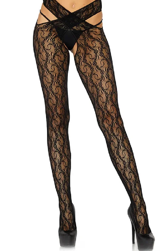 Black crotchless floral tights