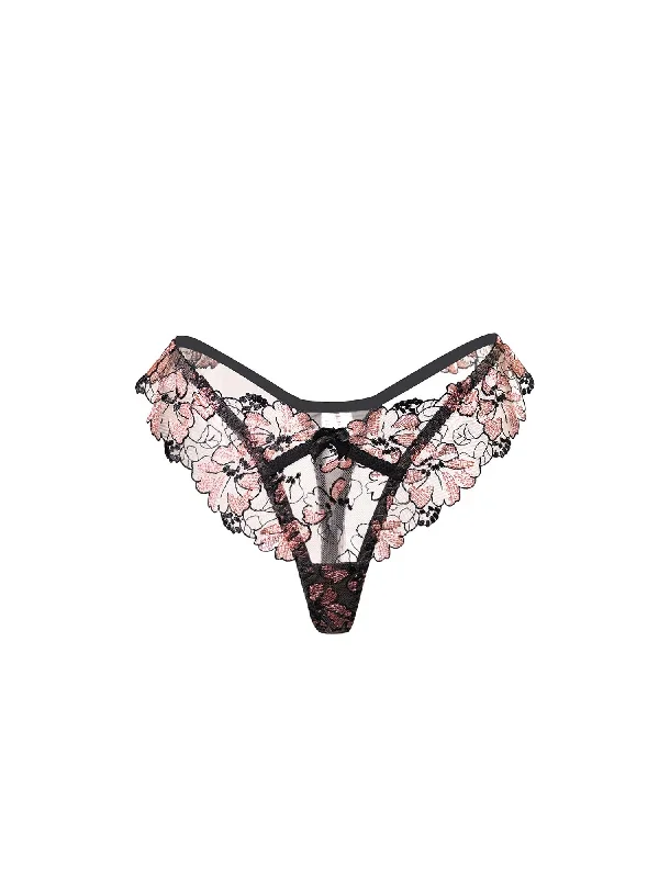 Black& Dustyrose Flutter Lace Thong