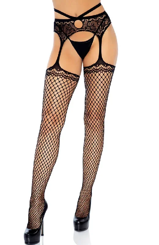 Black net stockings with strappy waist garter belt