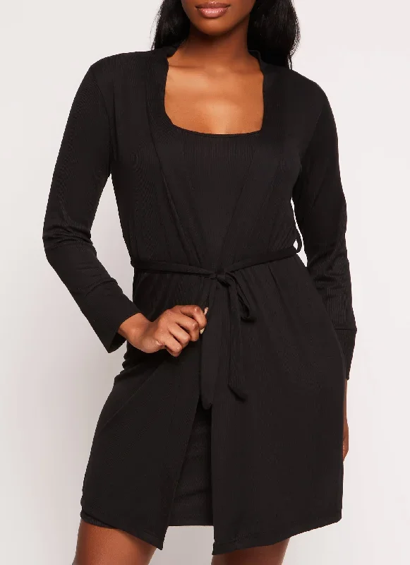 Solid Ribbed Cami Nightgown and Robe