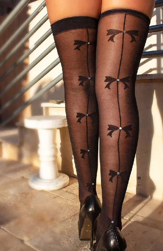 Black thigh highs with bow & rhinestone backseam