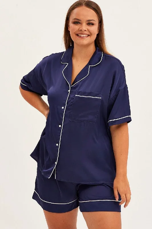 Blue Short Sleeve Top And Shorts Satin Pyjama Set