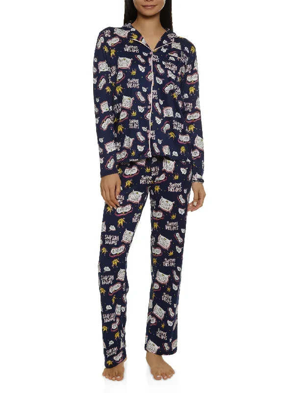 Sweet Dreams Print Notch Collar Pajama Shirt and Pants