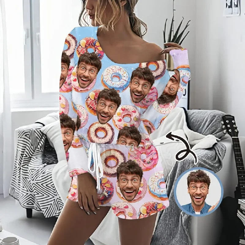 Custom Face Donut Women's Long Sleeve One Side Off Shoulder Short Pajama Set