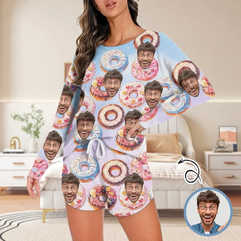 custom-face-donut-womens-long-sleeve-scoop-neck-short-pajama-set