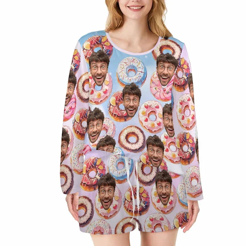 custom-face-donut-womens-long-sleeve-scoop-neck-short-pajama-set