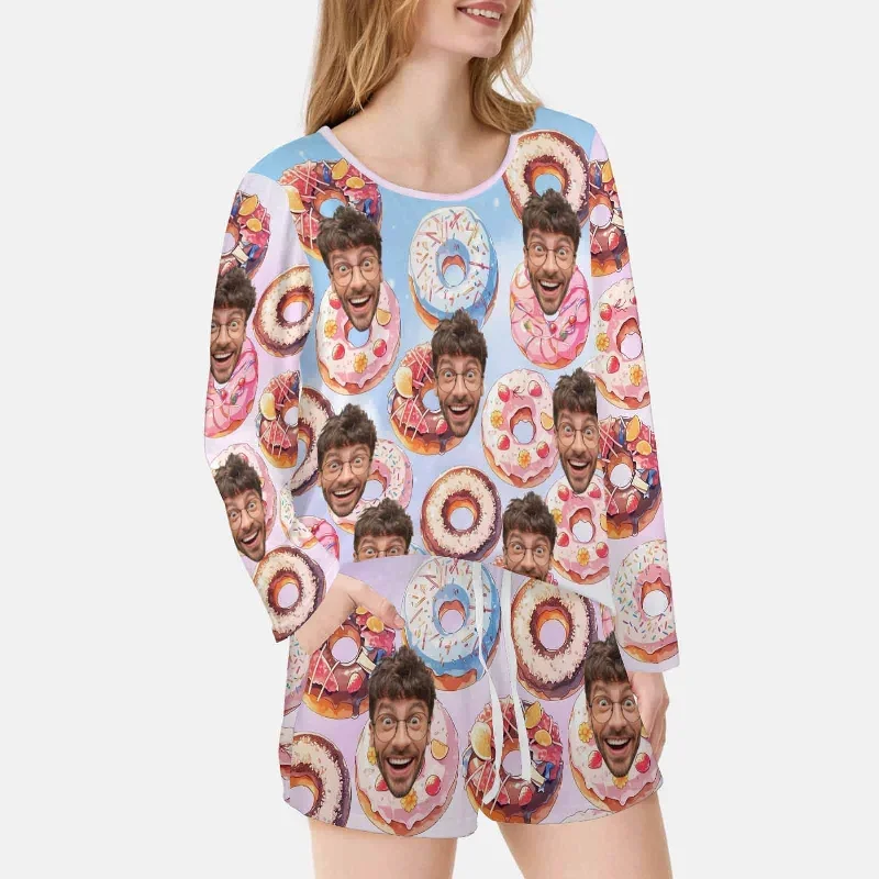 custom-face-donut-womens-long-sleeve-scoop-neck-short-pajama-set