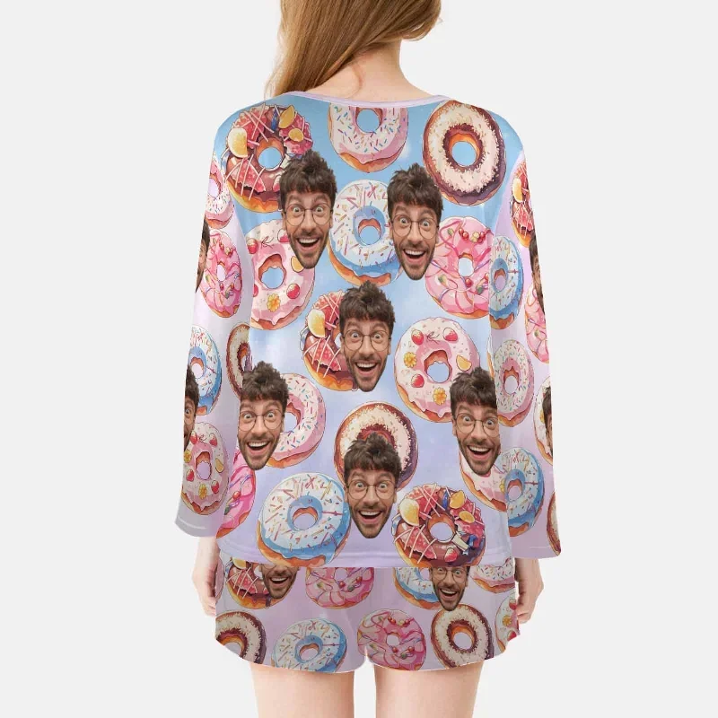 custom-face-donut-womens-long-sleeve-scoop-neck-short-pajama-set