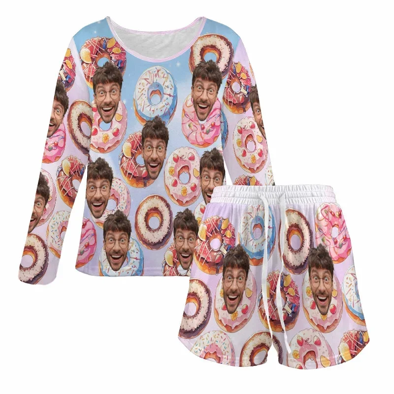 custom-face-donut-womens-long-sleeve-scoop-neck-short-pajama-set