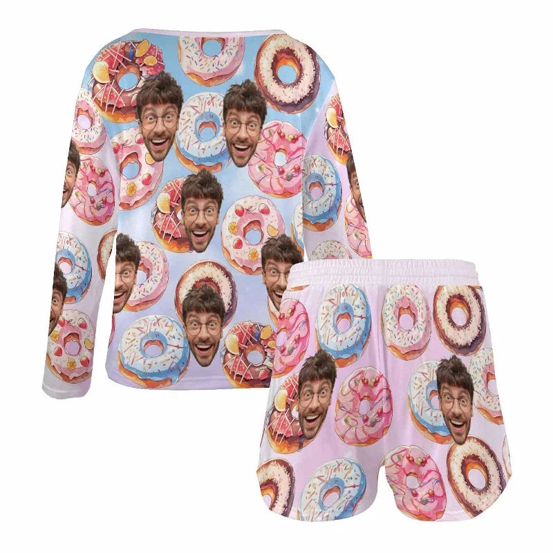 custom-face-donut-womens-long-sleeve-scoop-neck-short-pajama-set