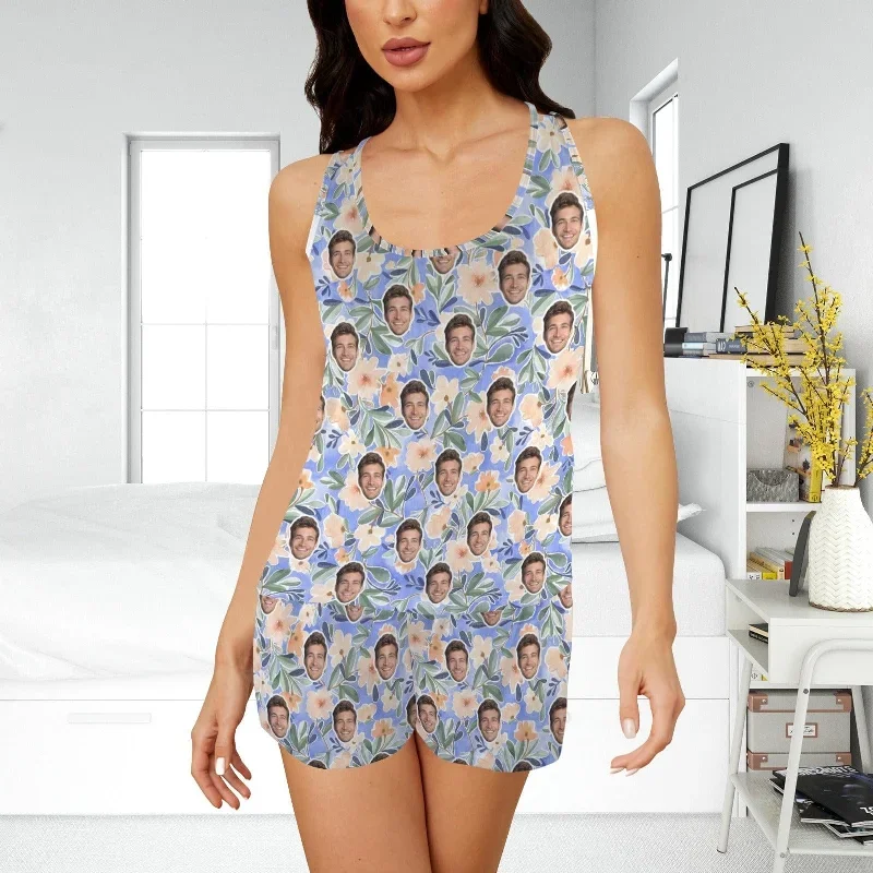 custom-face-flowers-blue-pajama-set-personalized-womens-racer-back-pajama-sets