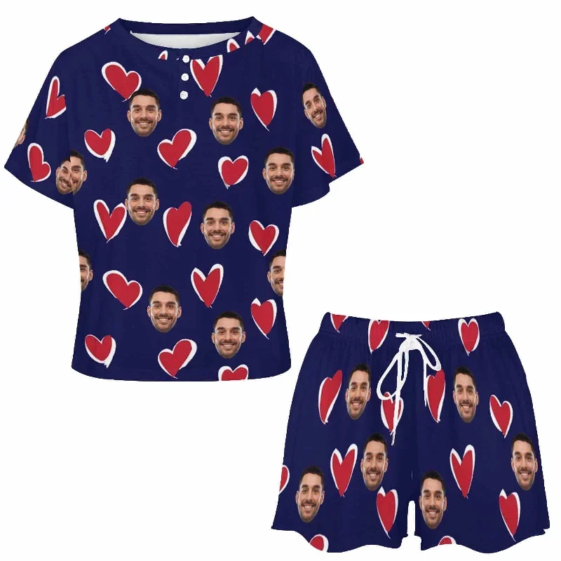 custom-face-heart-blue-pajama-set-womens-short-sleeve-top-and-shorts-loungewear-athletic-tracksuits