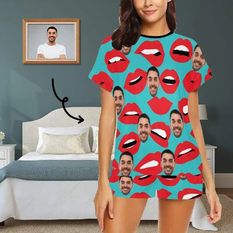 PRICE DROP-Custom Face Pajamas Green Background Sleepwear Personalized Lips Women's Short Pajama Set