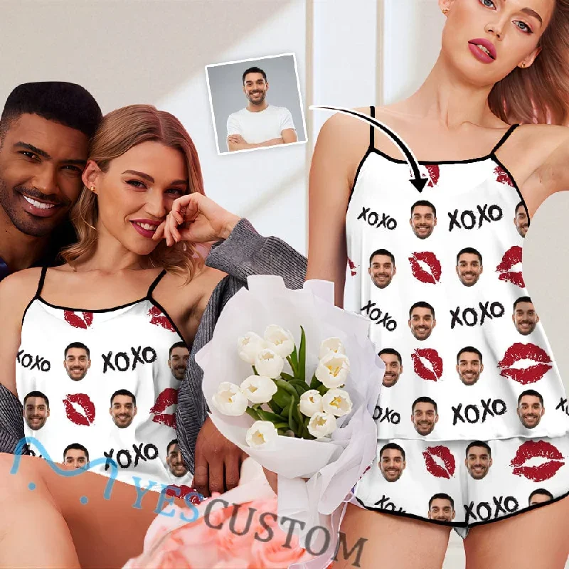 Custom Face Pajamas Red Lips Sleepwear Personalized Women's Sexy Cami Pajamas Set