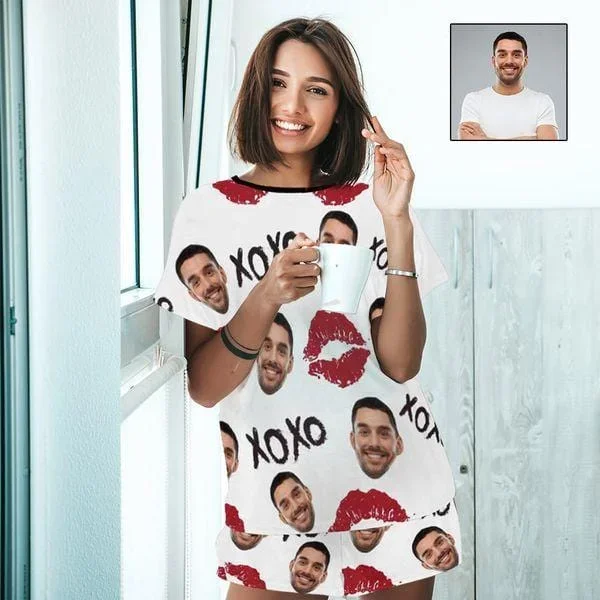 Custom Husband Face Nightwear Personalized XOXO Red Lips Women's Pajama Set For Wife or Girlfriend