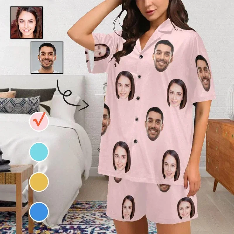 [Up To 4 Faces] Custom Face Pajama Set Solid Color Loungewear Personalized Photo Sleepwear Women's V-Neck Short Pajama Set