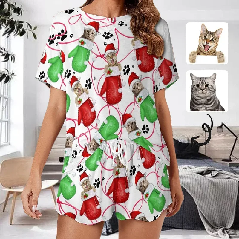 【Discount - limited time】Custom Pet Face Cat Gloves Paw Print Pajama Set Women's Short Sleeve Top and Shorts Loungewear Athletic Tracksuits