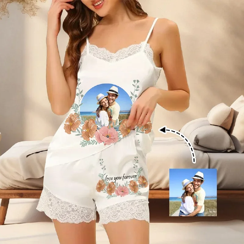 Custom Photo Flowers Lace Cami Pajamas Personalized Women's Nightwear Set