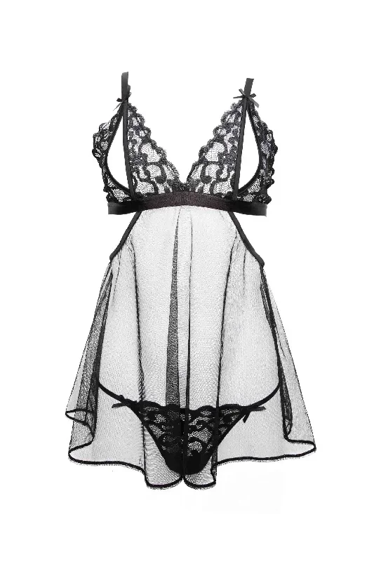 felicity-hayward-dreamland-black-embroidered-peep-babydoll-thong-set