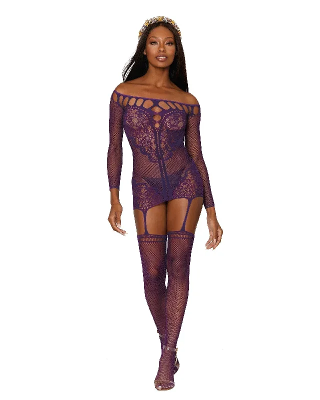 Dreamgirl Fishnet and decorative scalloped lace garter dress with attached fishnet stockings