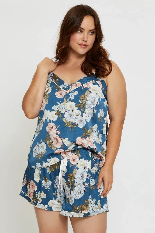 Floral Print Satin cami Pj Pyjama Set