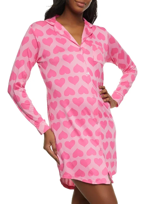 Heart Patterned Notch Collar Nightshirt