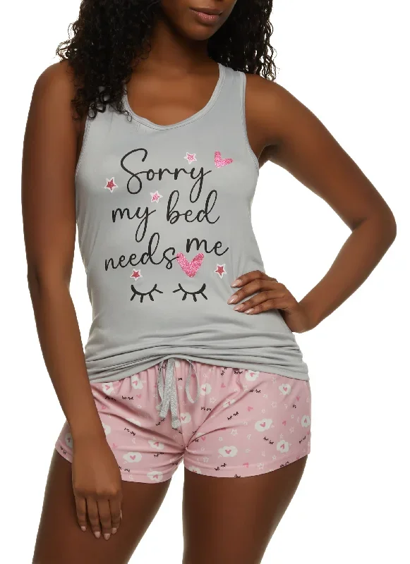 Sorry My Bed Needs Me Graphic Pajama Tank Top and Shorts