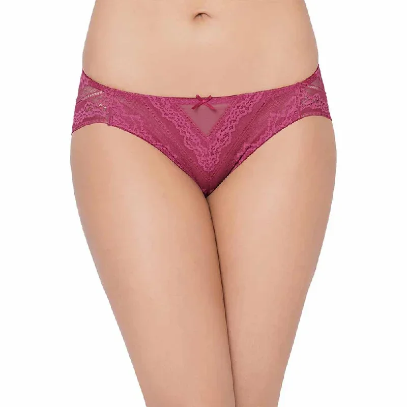 Lucy  Low Waist  Medium Coverage Bridal Wear Lace Bikini Panty - Maroon