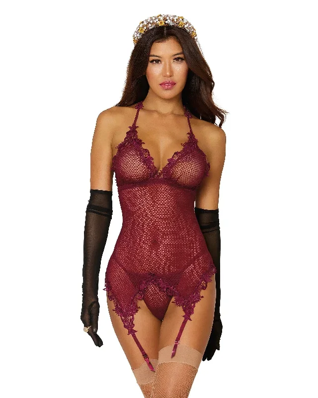 Dreamgirl Novelty stretch mesh and delicate venise embroidery garter slip and G-string set