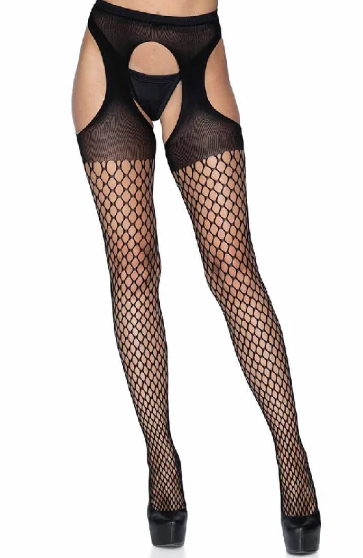 Oval net pantyhose with suspender look