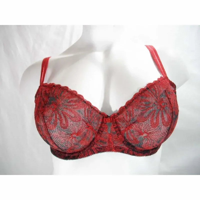 Paramour 115009 Ellie Demi Unlined Semi Sheer Lace UW Bra 42DD Red Japanese Blossoms