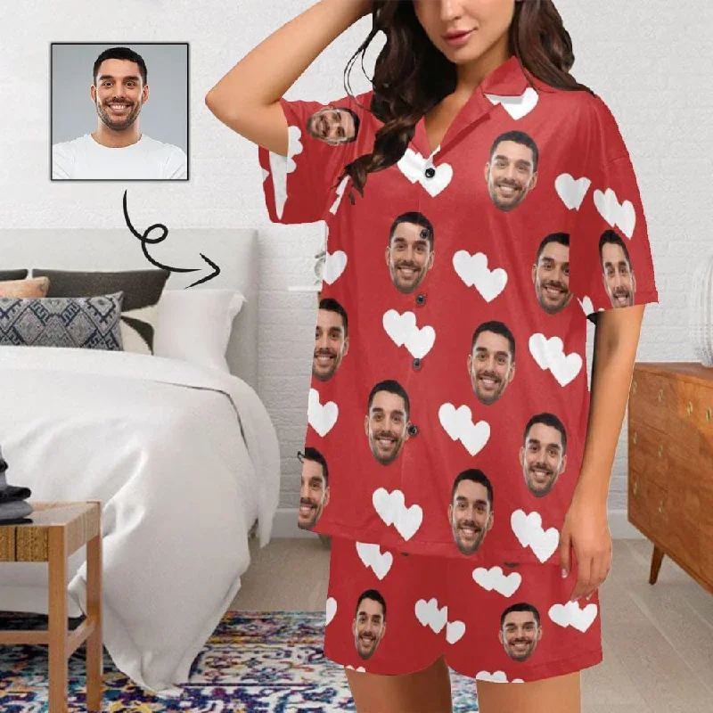 Personalized Pajamas with Photo Sleepwear Custom Face Double White Love Women's V-Neck Short Pajama Set