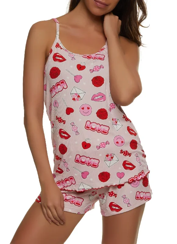 Ribbed Knit Love Graphic Print Pajama Cami and Shorts