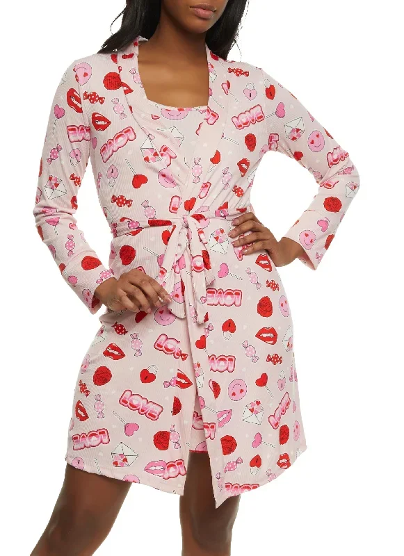 Ribbed Love Candy Print Cami Nightgown and Robe