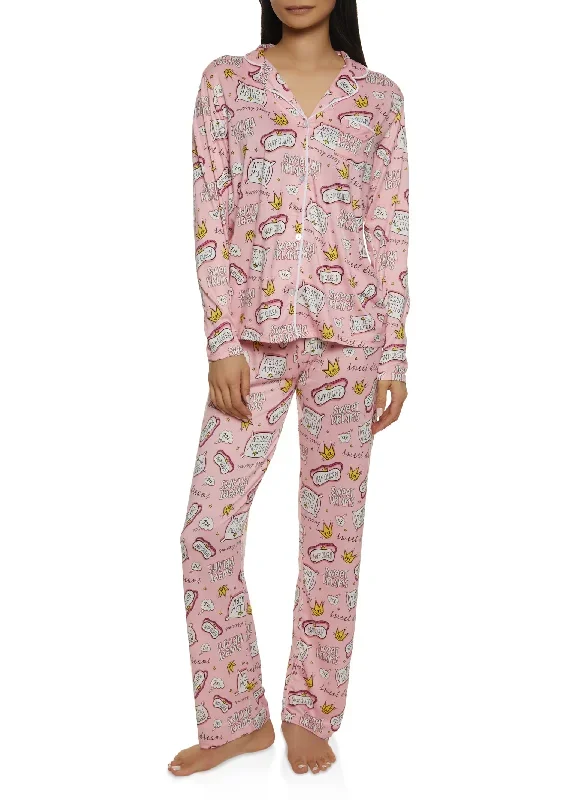 Sweet Dreams Print Notch Collar Pajama Shirt and Pants