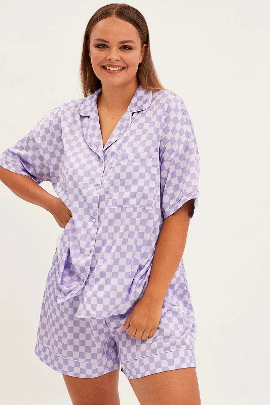 Print Check Short Sleeve Top And Short Satin Pj Set