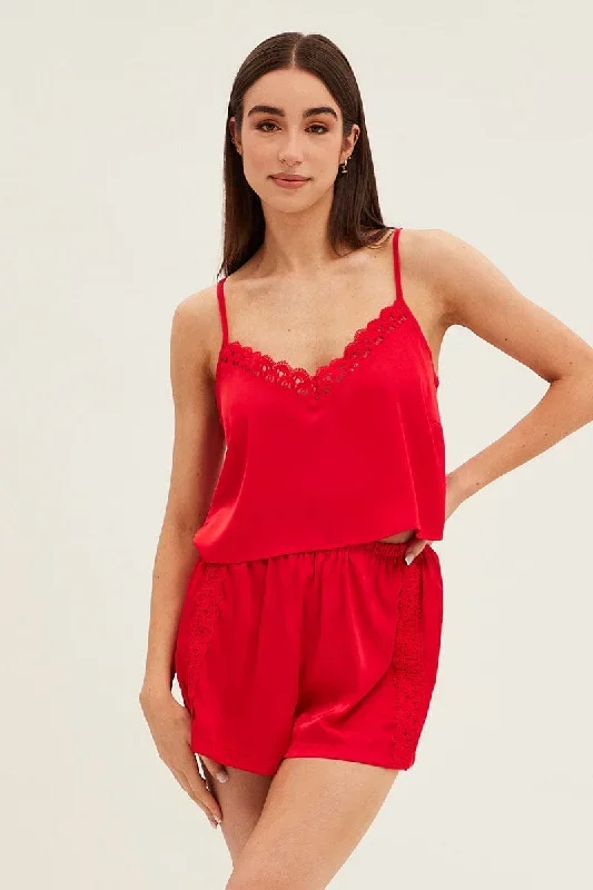 Red Pyjamas Set Sleeveless Cami Shorts Satin