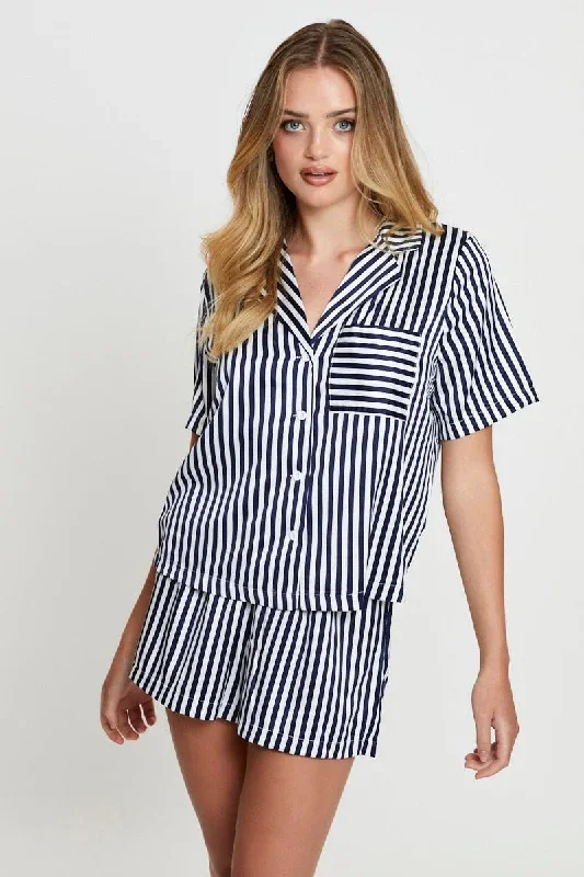 Stripe Satin Pajamas Set Short Sleeve