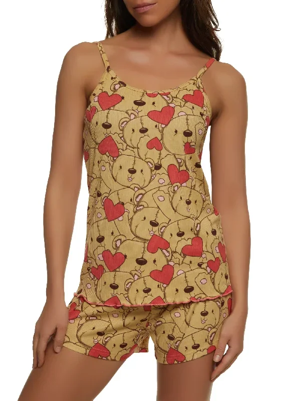 Ribbed Knit Bear Print Pajama Cami and Shorts