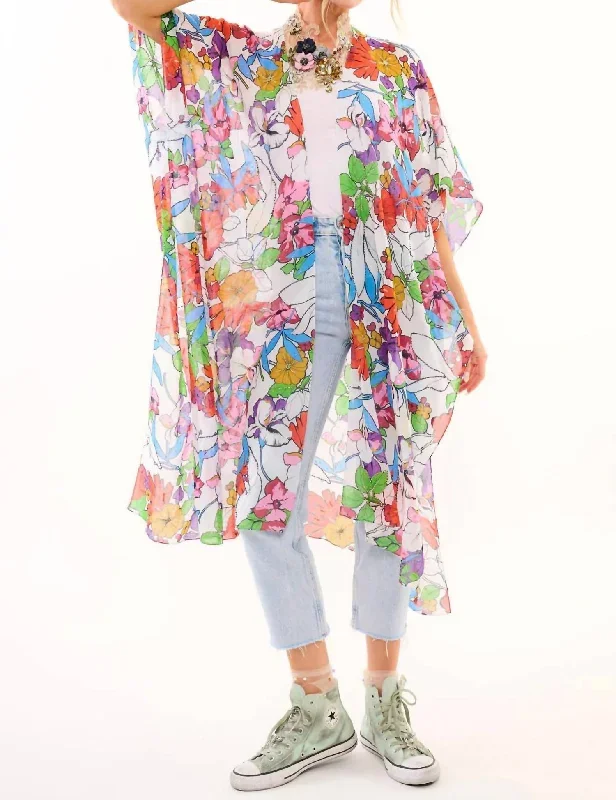 Virginia Embellished Floral Kimono In White Floral Print