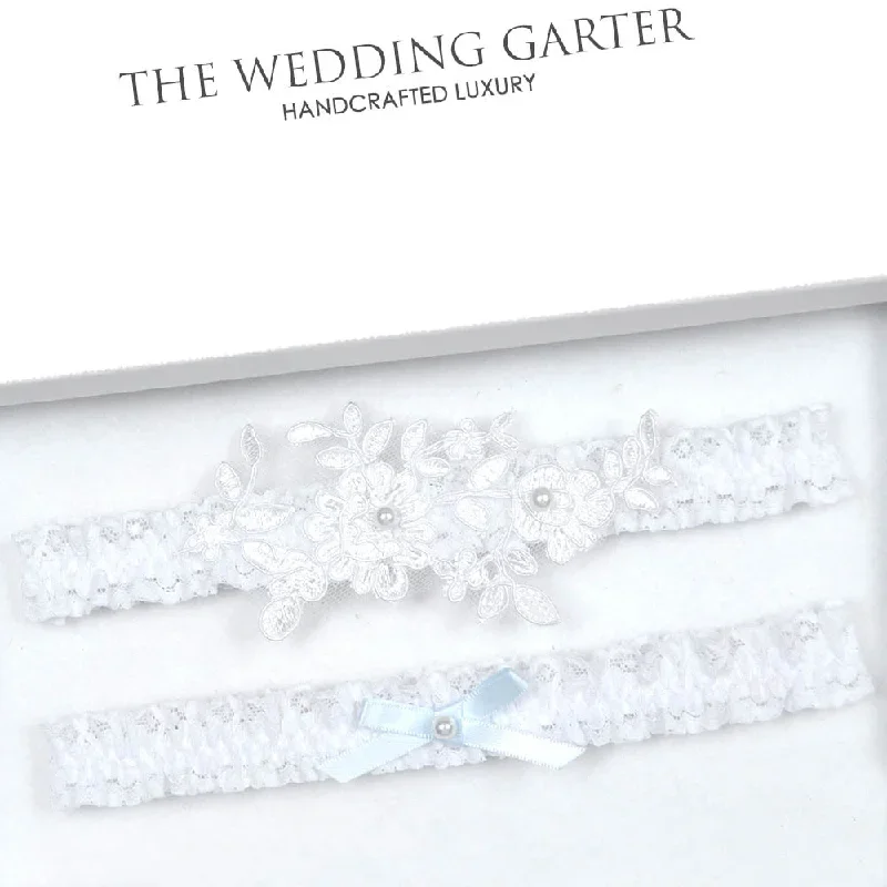 White Lace Applique Bridal Garters Set